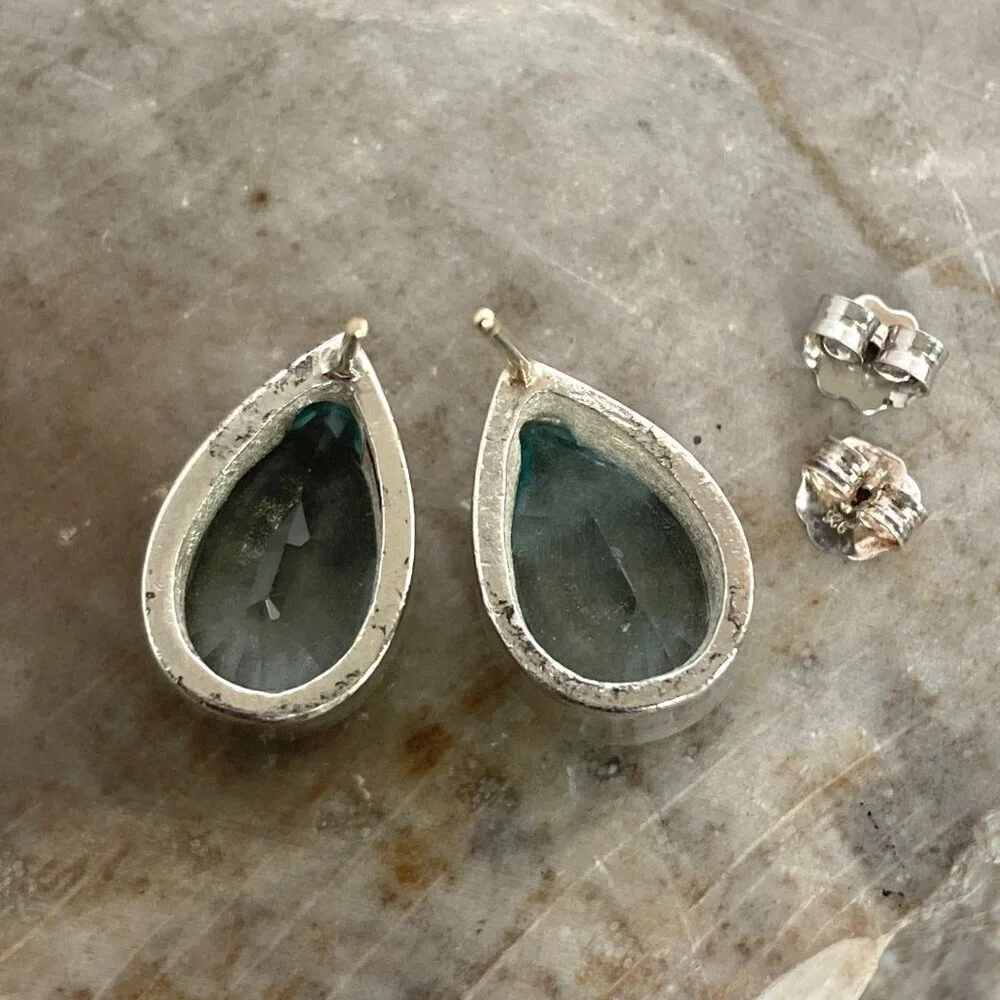 Sterling Silver 925 14K Gold Pear Shaped Chunky Blue Topaz Stud Earrings